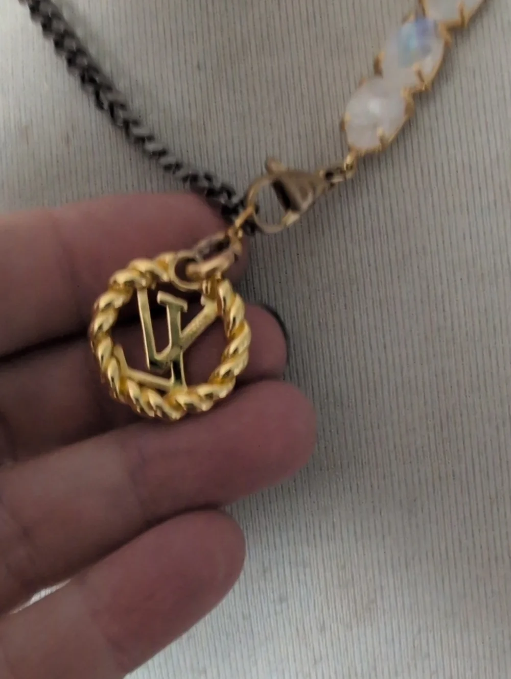 Louis Vuitton Gold On Black Rhodium Flat Curb Chain Necklace Moonstone Accents